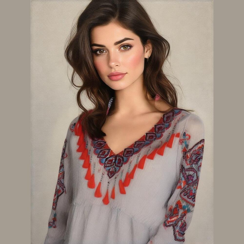 Chicos Blue White Stripe Red Purple Embroidered Ethnic Boho Flowy Hippie Top XS